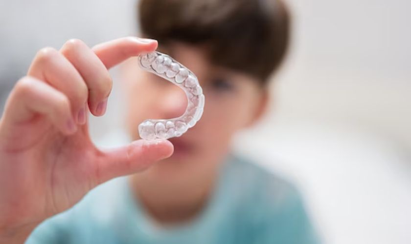 Person holding clear orthodontic aligner tray, demonstrating invisible braces treatment option.